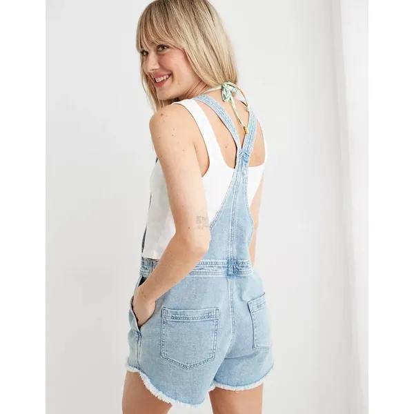 AERIE Denim Shortalls Med Blue Light Wash Raw Hem Boho Summer Overalls Y2K Beach - Image 2