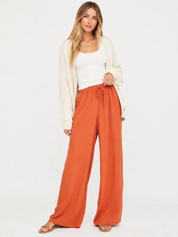 NEW Melloday Rust Orange Wide Leg Drawstring Pants L Bohemian Resort Pull On - Image 2