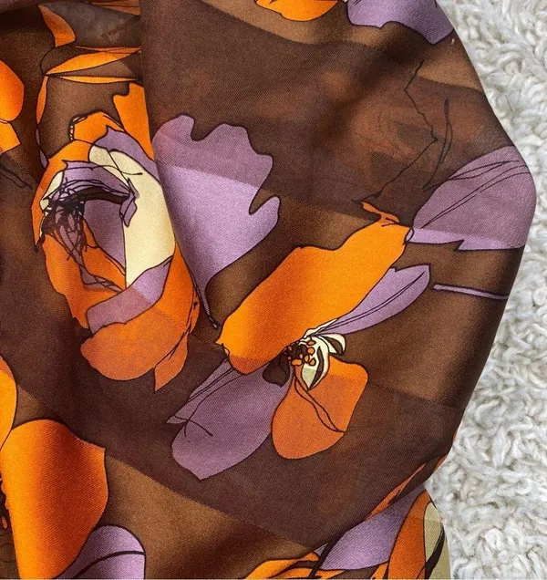 Retro Cejon Brown & Orange Floral Rectangle Neck Scarf - Image 2