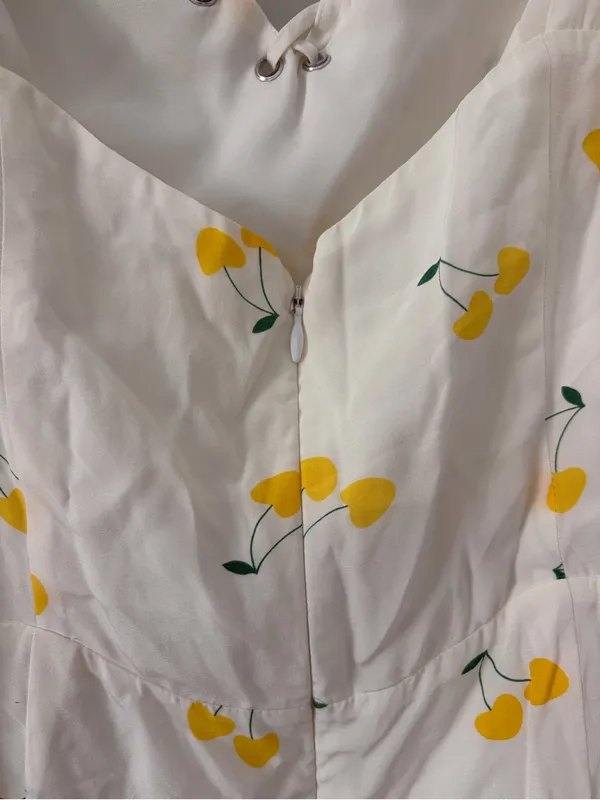For Love & Lemons Ashland Lace Up White Yellow Cherry Print Y2K Boho Mini Dress - Image 6