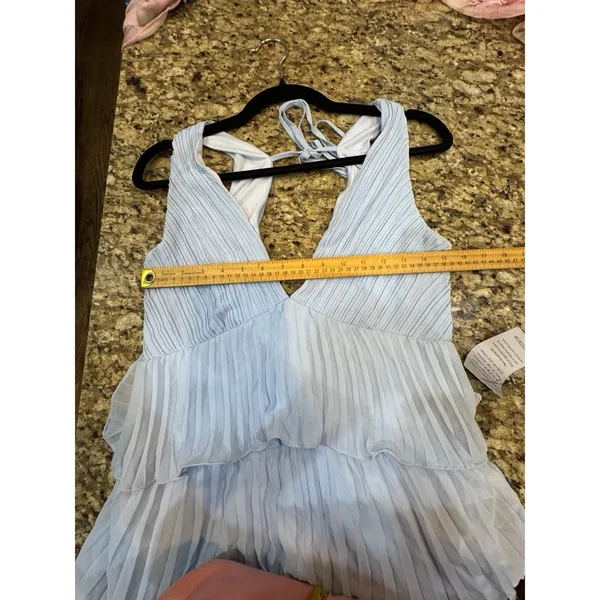 Lulus "Tiered Gown Pleated" in Ice Blue Size Large Gown Double V Neck - Image 9