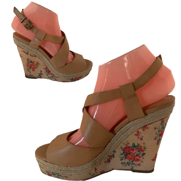 Jessica Simpson "Jp Mason" Brown Faux Leather & Floral Print Wedge Sandals (8) - Image 2