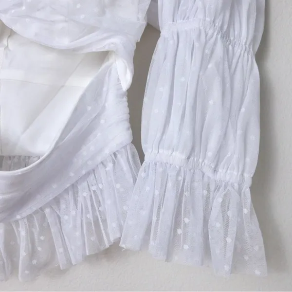 NEW LPA Dolores Top S Ivory Sheer Dot Puff Sleeve Cutout Pleated Peplum Tulle - Image 9