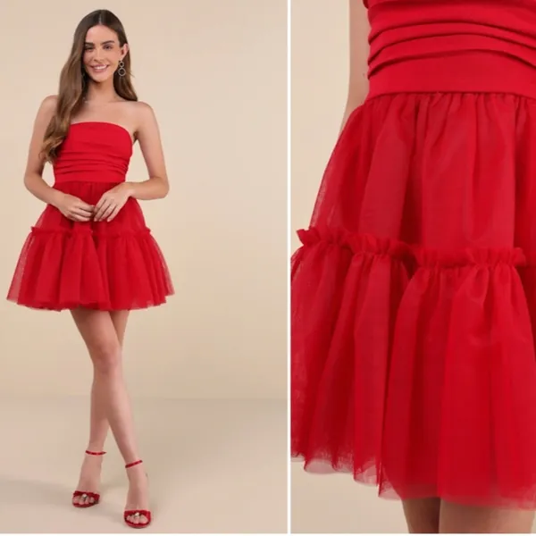 LULUS Sexy Flirty Strapless Prom Wedding Cocktail Party Tulle Ruffle Mini Dress - Image 2