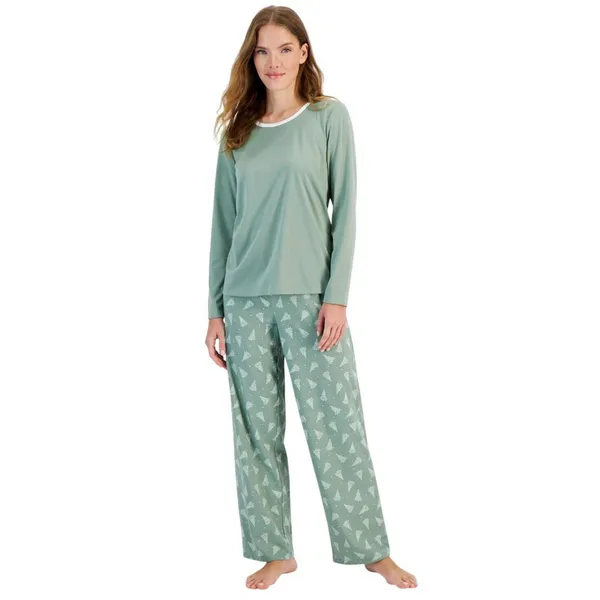 Charter Club Womens Knit Long Sleeve Pajama Shirt Top Winter Tree Toss Green S - Image 6