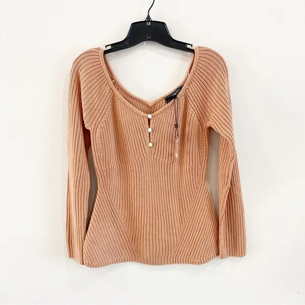 BCBGMAXAZRIA Merino Wool Blend Ribbed Off Shoulder Sweater Top Blush Sz‎ M - Image 2