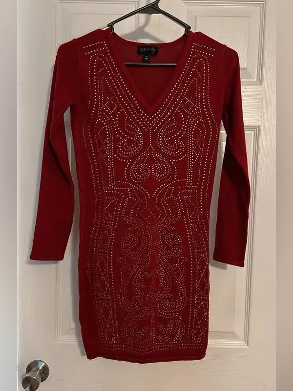 Say What? Long Sleeve V-Neck Red Studded Mini Dress - Image 2