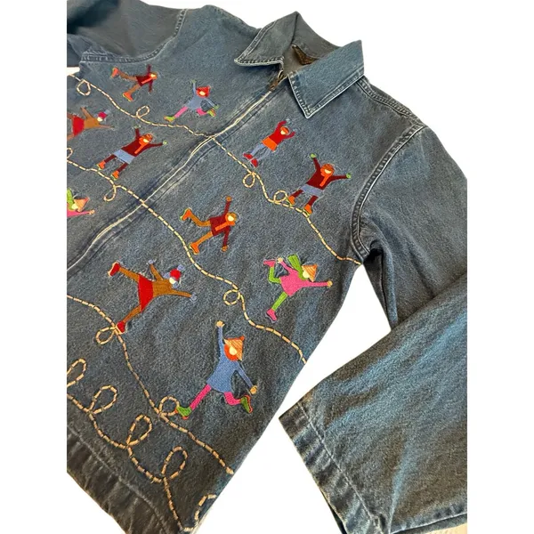 Embroidered Novelty Shacket Ice Skaters Denim Jacket Winter whimsical Teacher M - Image 4