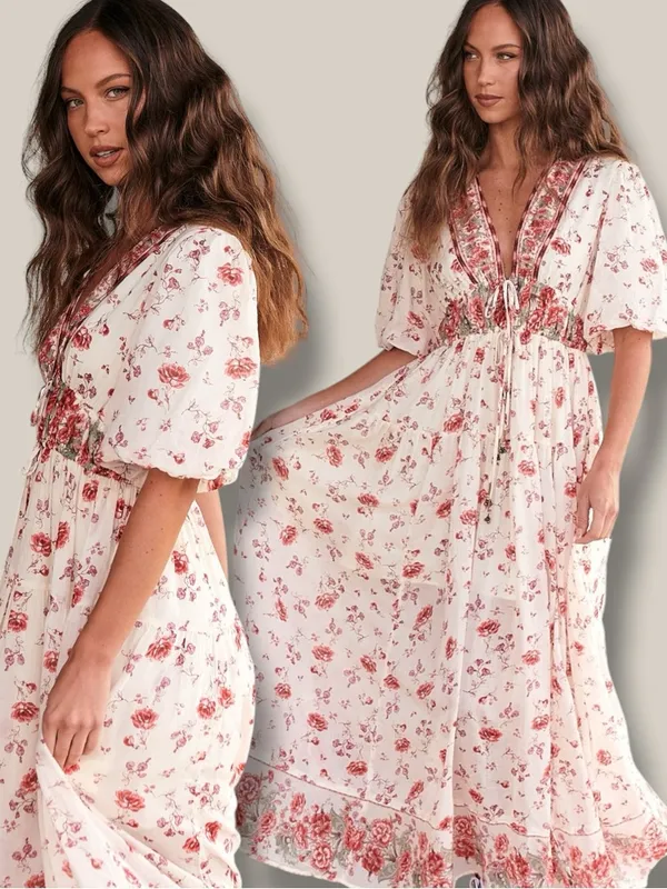Free People Dainty Ethereal Cottage Floral Lysette Maxi Dress Medium Bohemian - Image 4