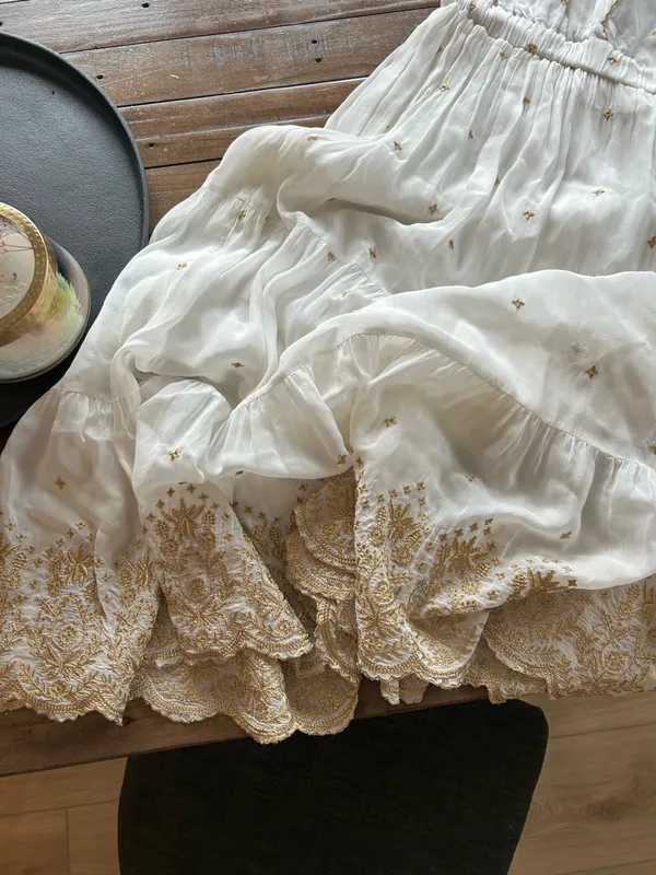 Guadalupe Johana White Gold Embroidered Dress S - Image 6