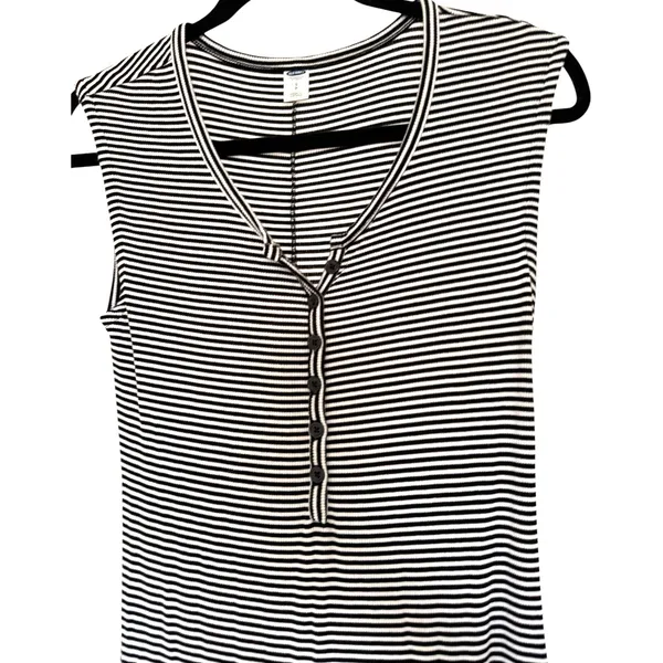 Old Navy Womens Sm Black White Striped Ribbed Henley Sleeveless Midi Dress - Image 2