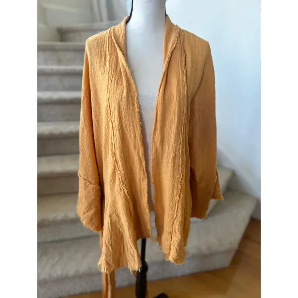 Urban Mango Boho Light Orange Raw Hem Embroidered Tie Waist Kimono - Image 2