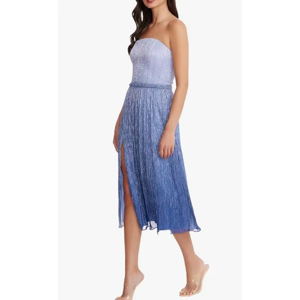 Dress The Population Blue Ombre Strapless Pleated Metallic Midi‎ Dress New - Image 2