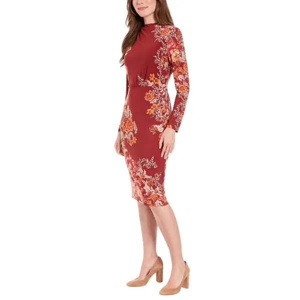 NWT London Times Jersey Knit Floral Sheath Dress Rust Orange / Gold 14 - Image 2