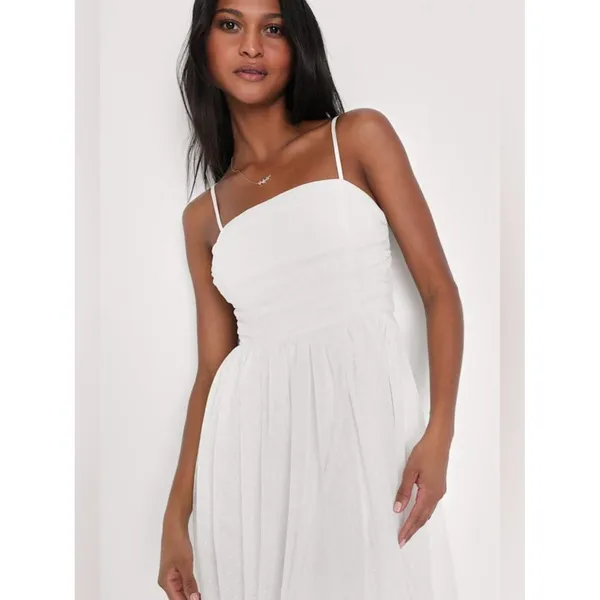 Lulus Darling Sweetheart White Swiss Dot Ruched Midi Dress Size XS bridal Shower - Image 4