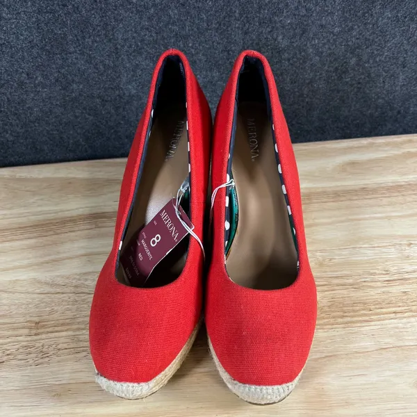 Merona Marguerite Red Canvas Espadrille Wedge Pumps Size 8 Polka Dot Lining - Image 3