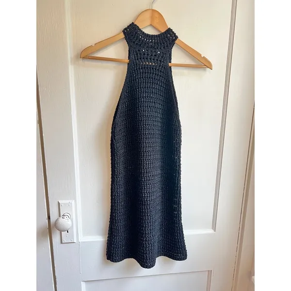 Mango Black Metallic Knit Halter Mini Dress XS Open Crochet Shimmer - Image 4