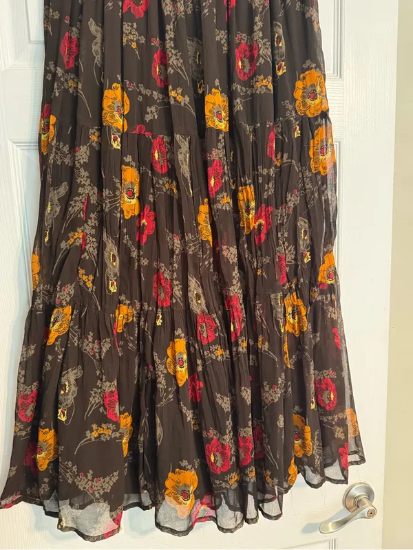 Vintage 90s/Y2K Autumn Brown Red Gold Floral Broomstick Gauzy Maxi Skirt Large - Image 4