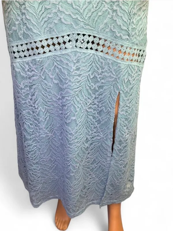 GUESS Sleeveless Mint Lace Halter Maxi Dress. Elegant mint lace halter maxi dress with delicate crochet trim. Soft mint color adds a fresh, feminine look. Halter neckline flatters the shoulders for a polished silhouette. Lightweight lace fabric offers breathable, comfortable wear. Ideal for weddings, garden parties, or special occasions. - Image 3
