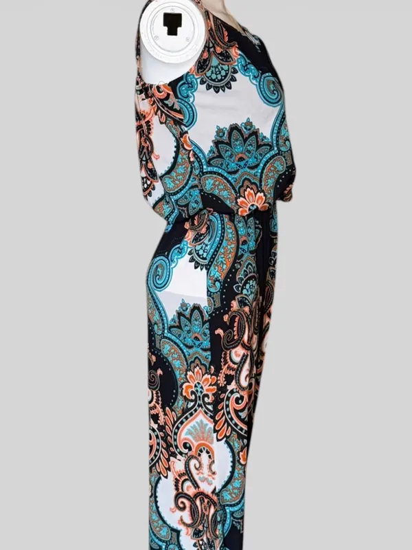 S-Twelve Black Maxi Dress with Teal & Coral Paisley - Image 3