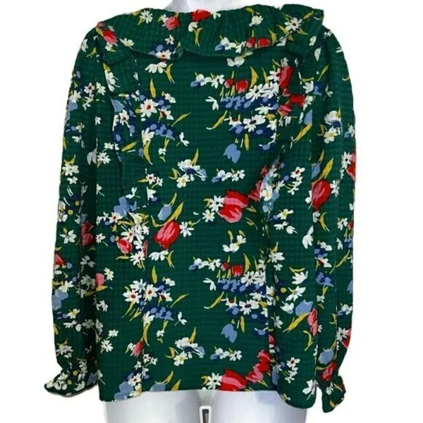 LOFT Green Floral Bouquet ‎ Ruffle Trim Tie Neck Blouse L/S NWOT Size Small - Image 7