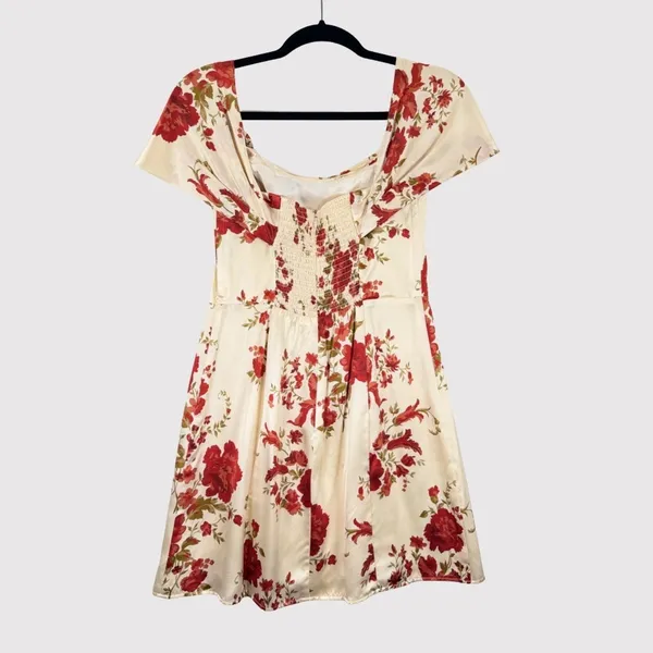 Reformation Mini Dress Beige Lanelle Silk Floral Off Shoulder Satin Smocked XS - Image 3