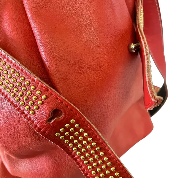 Vintage L.J. Simone Red Leather Glam Studded Belt Crossbody Hobo Bucket Bag - Image 8