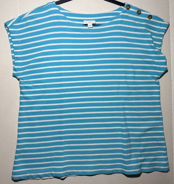 J.Jill Striped Top Size M Blue White Button Shoulder Tee - Image 7