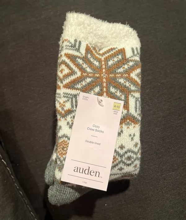 NWT Auden Snowflake Geo Double Lined Cozy Crew Sock In Ivory/Toffee/Heather Gray - Image 4