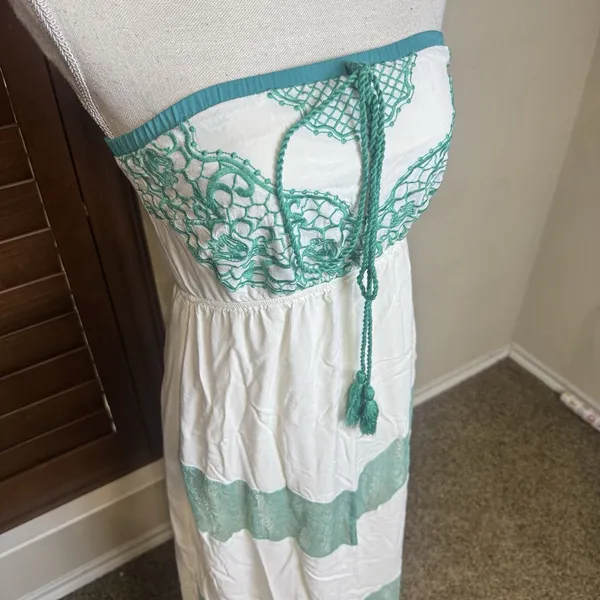 FLYING TOMATO Maxi Dress‎ Strapless Turquoise White Lace Embroidered Long Sz S - Image 3