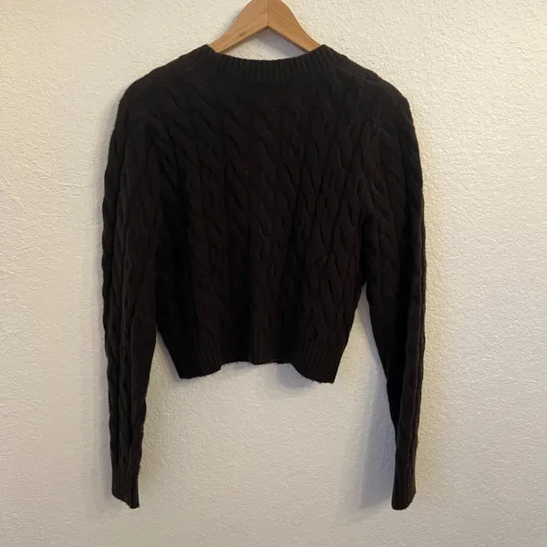 H&M‎ Cable Knit Cardigan S Chunky Chocolate Brown Old Money Wool Blend - Image 4