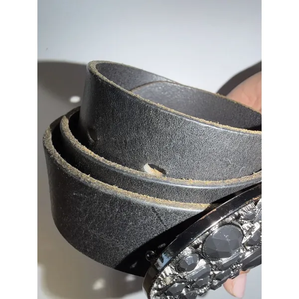 Express Black Leather‎ Black Rhinestone Buckle Cowboy Western Belt Women's Sz S - Image 3