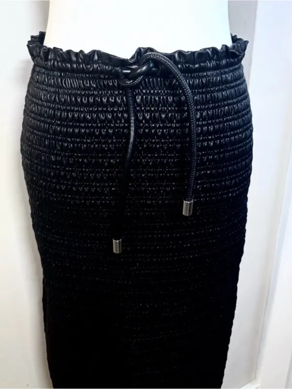 ALC Frank Jaclyn Vegan Leather Smocked Midi Pencil Skirt Black Tie Waist Sz 6 - Image 7