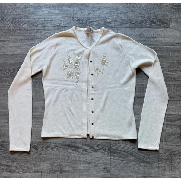 Vintage Free People Snap Cardigan Cream Sz Large Beaded Embellishments Rare Find - Image 3