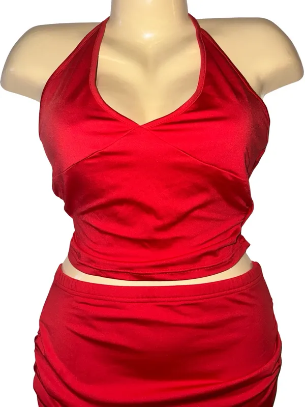 Red Halter Crop Top & Ruffled Mini Skirt Set Size M - Image 2