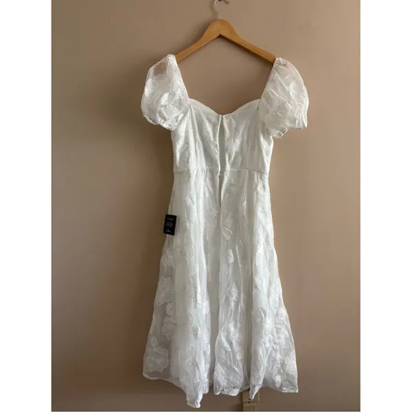Lulus Sweetest Behavior White Embroidered Puff Sleeve Midi Dress Size Medium - Image 7