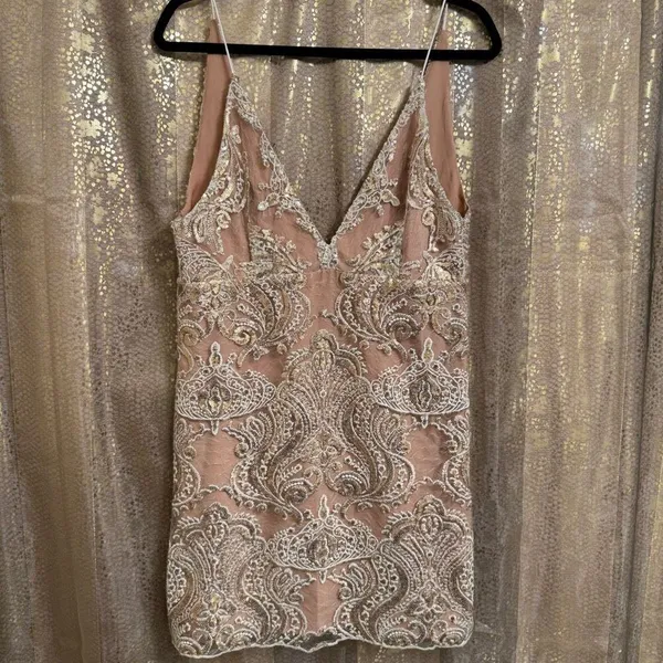 Free People Night Shimmers Gold Nude Sparkly Mini Dress Size 12 - Image 3