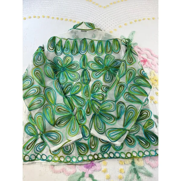 Laura Ashley Green Floral Embroidered Sheer Organza Button Down Shirt Large‎ - Image 12