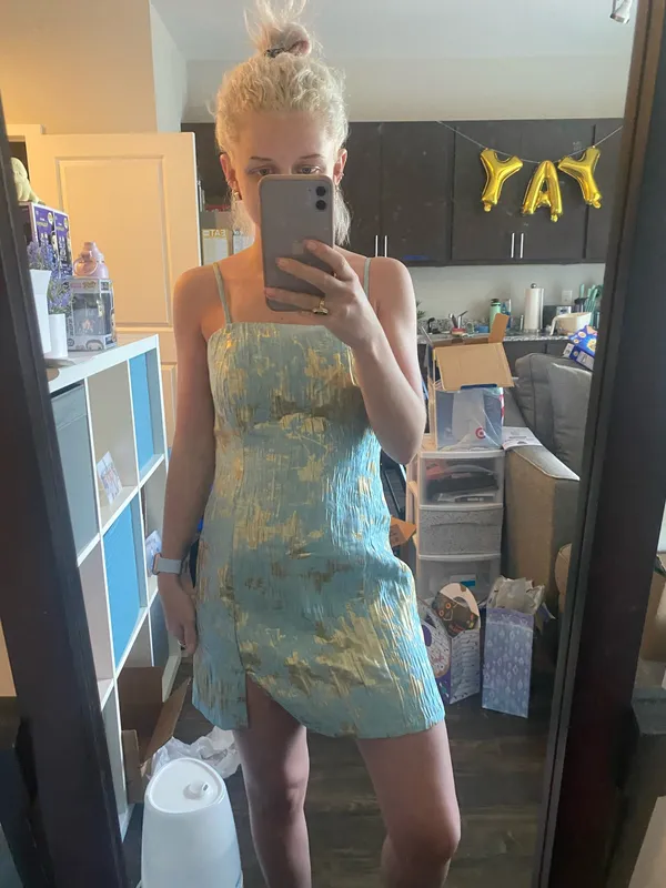 Lulus Sweetest Sensation Light Blue and Gold Jacquard Mini Dress - Image 3
