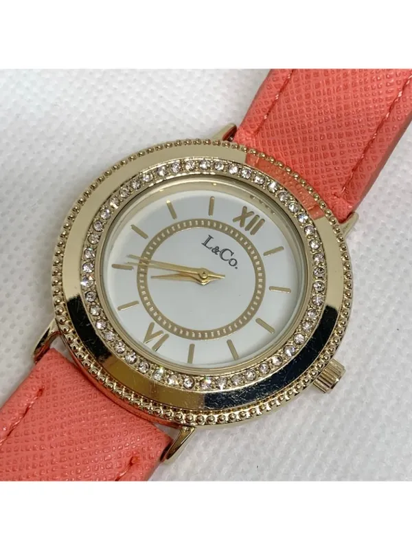L&Co gold tone women’s watch 36mm quartz analog pink leather band running - Image 3