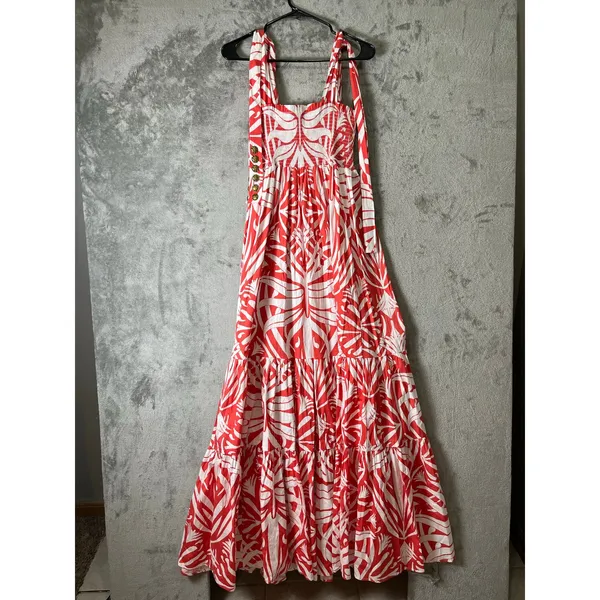 Sheridan French Coral White Tropical Print Tie Shoulder Maxi Dress Resort Boho M - Image 3