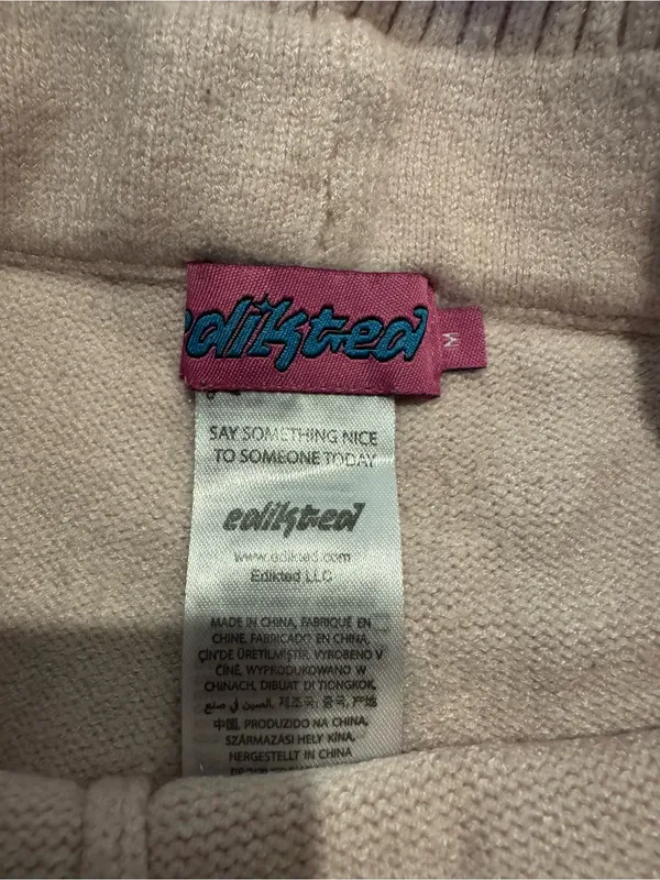 Edikted Fold Over Ribbed Pink Knit Flare Pants - Image 3