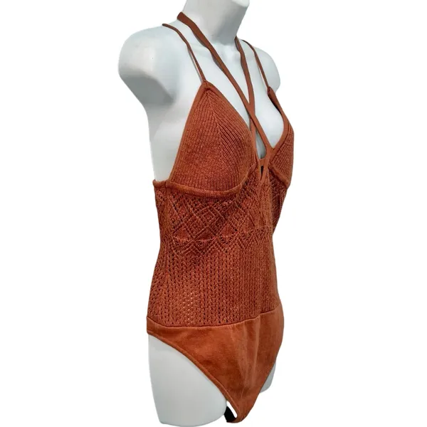 Abercrombie and Fitch Brown Thong Knit Crochet Halter Strappy Bodysuit Size L - Image 8