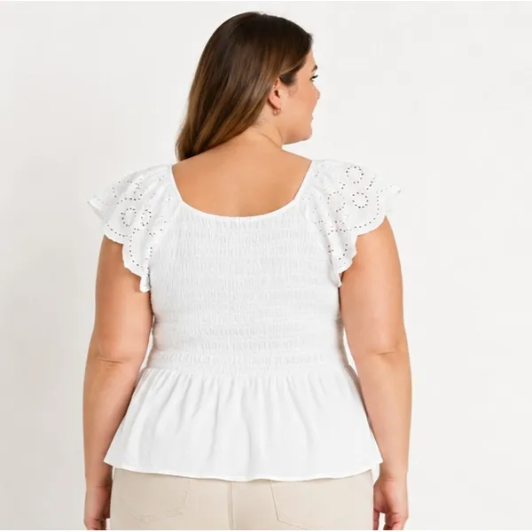 Time and Tru Womens Top Size XXL Vivid White Smocked Bodice V Neck Eyelet Stretc - Image 4