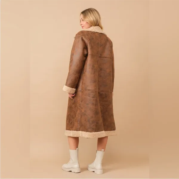 Faux leather teddy shearling long coat in chestnut - Image 7