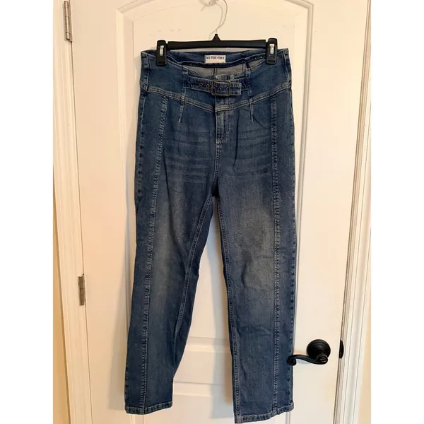 We The Free Jeans Womens 29 Blue Belted High Rise Straight‎ Leg Seamed Denim - Image 2