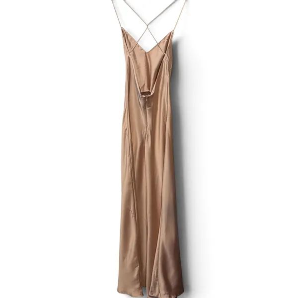 Zara Champagne Satin Maxi Slip Dress Cross Back V-Neck Sleeveless Pink Beige XS - Image 5