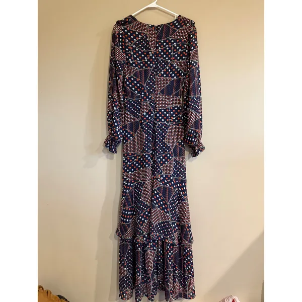 The Sang Navy Orange Polka Dot Patchwork Ruffle Maxi Dress Womens Small SDD30145 - Image 6