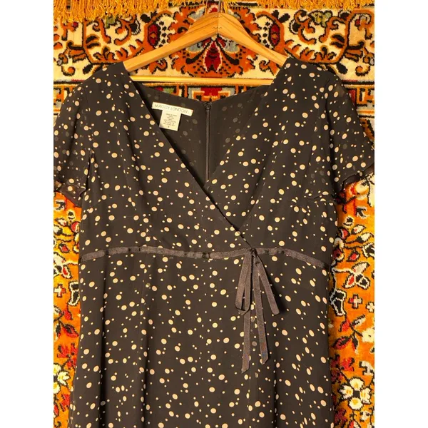 Vintage 100% Silk Black Cream Polka Dot Flutter Sleeve Midi Dress Size 8 - Image 2