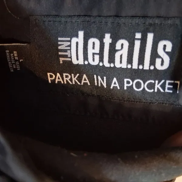 d.e.t.a.i.l.s INTL Parka in a Pocket Black Hooded Raincoat sz L Zip & Button Up - Image 2